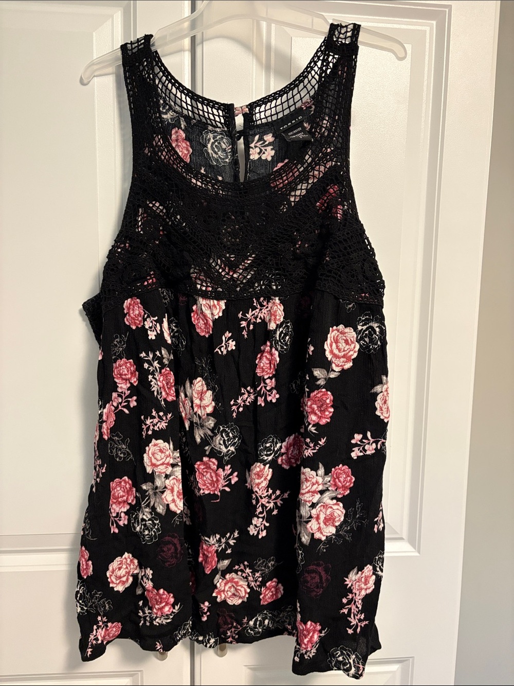 Black Floral Crochet Yoke Camisole with Pink Rose Print